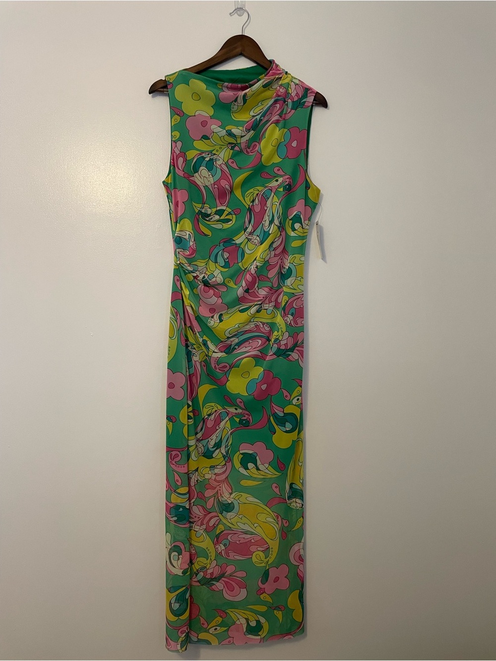 Donna Morgan Green Paisly Shirred Midi Dress